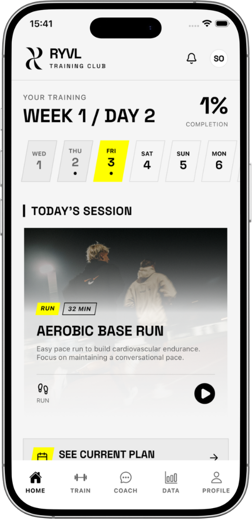 RYVL app home screen showing today's training session